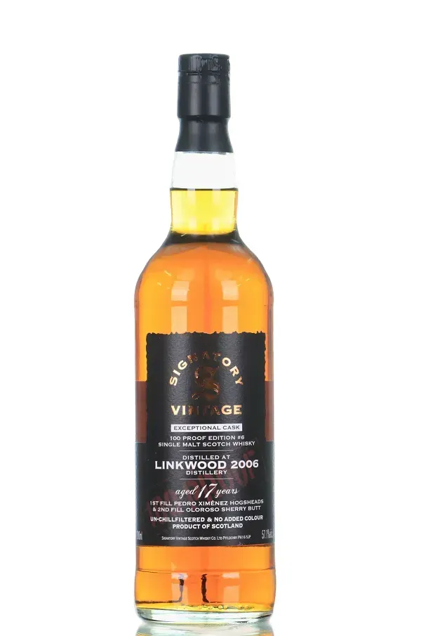 Linkwood 100 Proof Edition No. 6 17 Year Old, Pedro Ximénez & Oloroso Sherry Cask, Batch No. L240204, 2006, Signatory Vintage, 57.1% whisky bottle