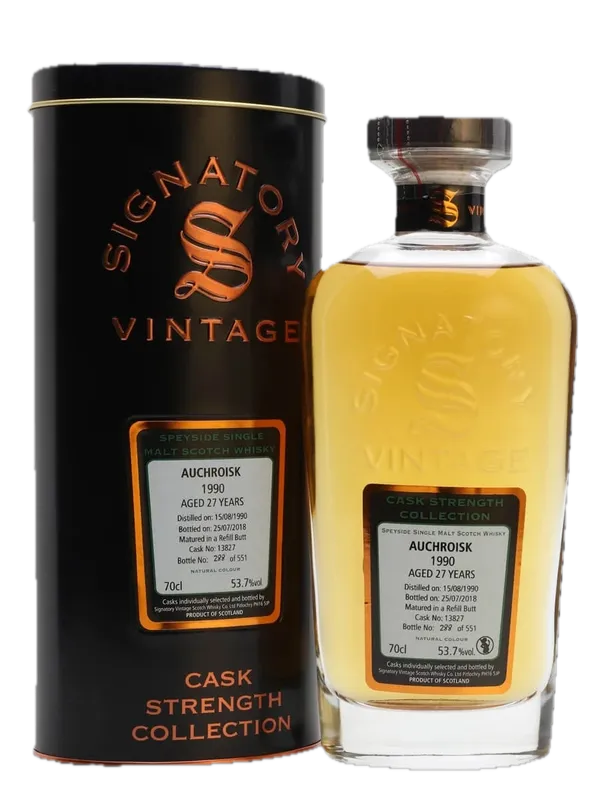 Auchroisk Cask Strength Collection 27 Year Old, Refill Sherry Butt Cask, Cask #13827, 1990, Signatory Vintage, 53.7% whisky bottle